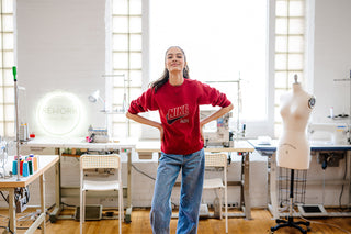 model wearing vintage red nike sweatshirt